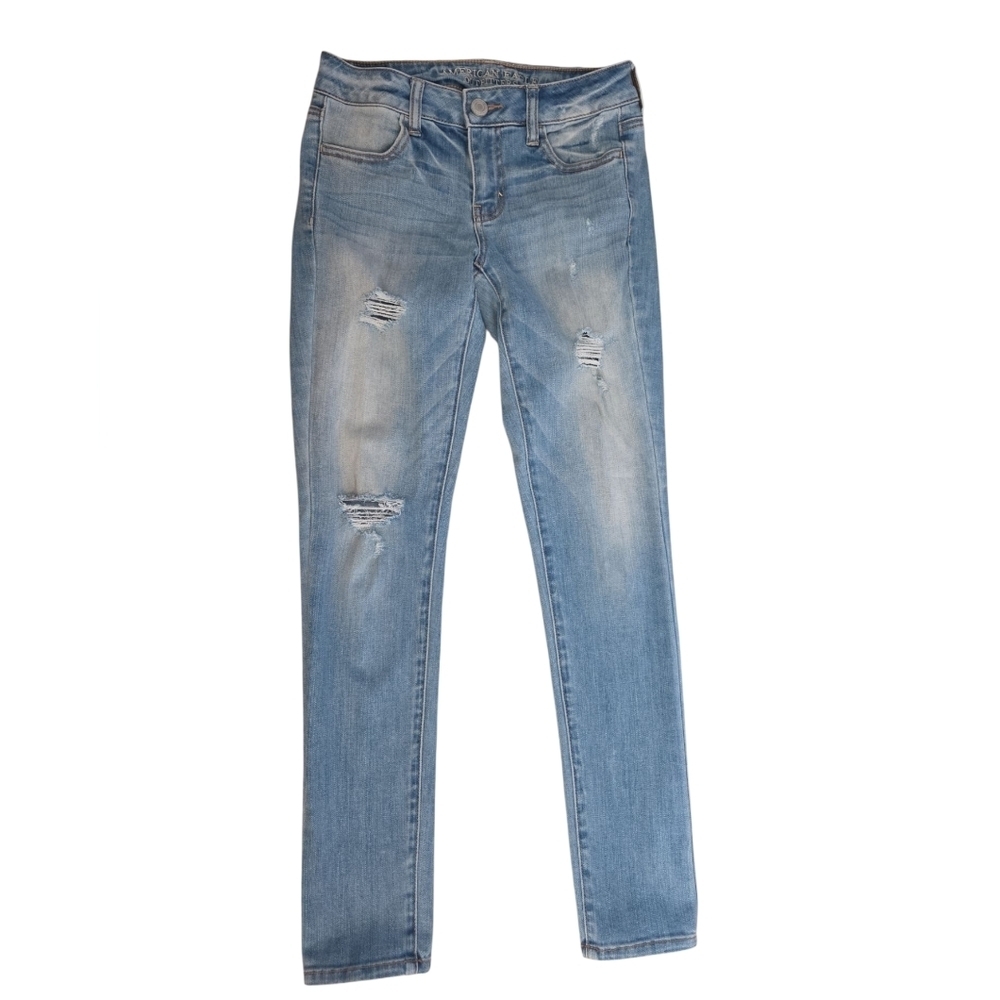 Women's Blue Jeans American Eagle Jeggings Size 2 Light Blue Distressed